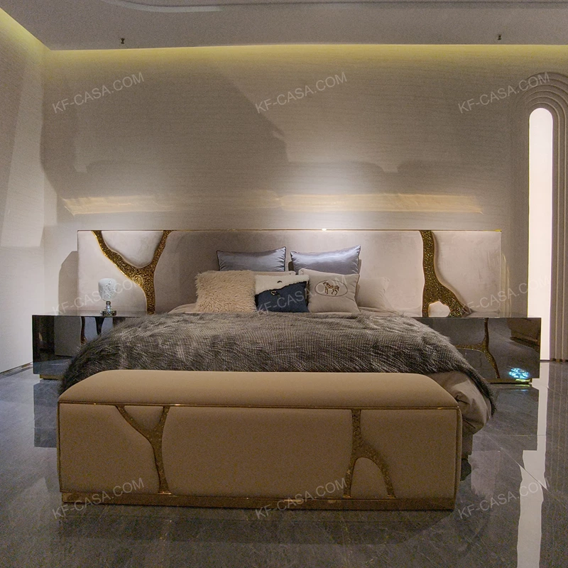 Light Beige Upholstered Bed with Artistic Gold Accents & Coordinated Bench